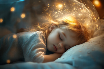 Peaceful child sleeps under soft nightlight glow in cozy bedroom setting