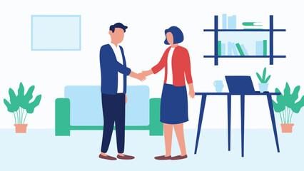 Two people shaking hands in an office setting with furniture and plants in the background illustration