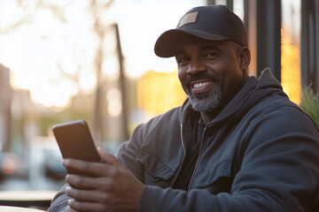 Delivery driver takes a break at roadside cafe while enjoying a moment of relaxation in the late afternoon sunlight