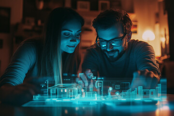 Couple monitors home restoration progress using digital tools at night