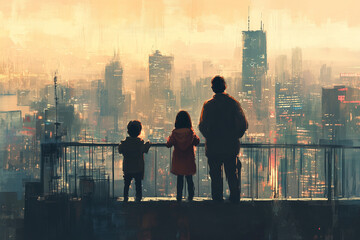 Family enjoying a serene moment on their apartment balcony overlooking the city skyline at sunset