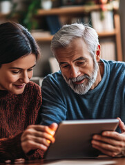 Man helps his parents enroll in eldercare coverage while discussing benefits and options at home