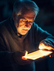 Man carefully reviews eldercare coverage options for his parents in a dimly lit room with a tablet
