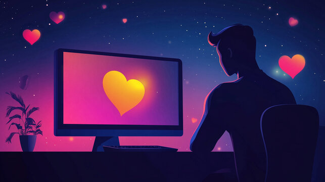 Man engages with online mental health resource in a cozy, vibrant atmosphere during evening hours