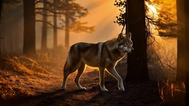 A wolf walking on a path through a forest with sunlight shining through the trees at golden hour animal video