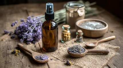 Homemade aromatherapy spray station with ingredients like lavender, witch hazel, and measuring spoons
