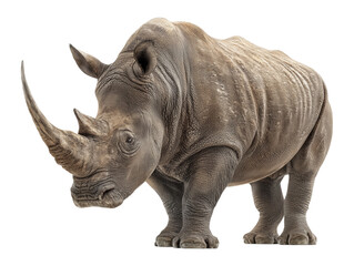 Obraz premium A solitary rhinoceros with a robust physique and a formidable horn stands gracefully, isolated on a white background