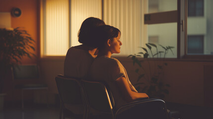 Woman provides emotional support to her partner during a hospital waiting period in a calm and warm environment