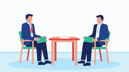 Fototapeta premium Two business people sitting across from each other at a table in a meeting or interview setting