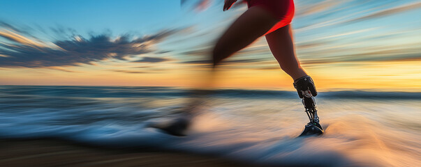 Woman with prosthetic leg runs confidently along the beach during sunset, celebrating resilience and determination in physical activity