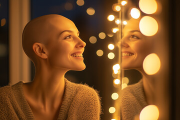 Woman with alopecia smiles at her reflection in a softly lit room with glowing fairy lights during evening hours
