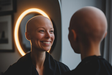 Woman with alopecia smiles warmly at her reflection in a well lit mirror during a calm indoor moment