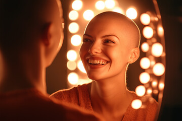 Woman with alopecia smiles at her reflection in a well lit vanity mirror, radiating confidence and joy in a cozy room