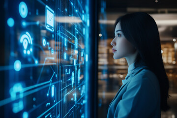 Young entrepreneur conducts research on cyber insurance trends in modern office environment