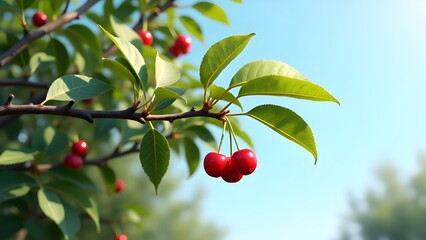 Single Cherry Tree with Sparse Ripe Cherries and Large Branches in Clear Daylight &ndash; Realistic 16K Nature Scene Wallpaper"