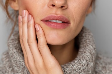 Obraz premium Close-up of woman with jaw pain from TMJ disorder and teeth grinding 