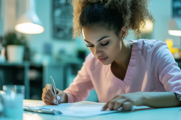 Young woman completes health insurance paperwork at an evening work desk in a modern office