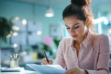 Young woman signs health insurance papers in a bright office setting during the day