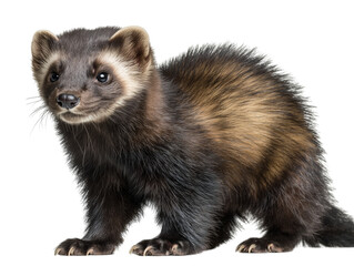 The endearing portrait captures a focused ferret, poised with curiosity. isolated on a white background