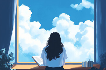 Young woman observing clouds through a window while reading a book in a cozy room during the day