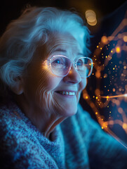 Elderly woman enjoys joyful video chat with family during evening at home, smiling warmly as she connects through technology