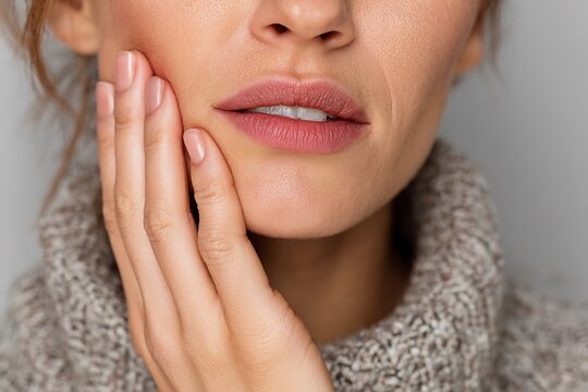 Close-up of woman with jaw pain from TMJ disorder and teeth grinding  
