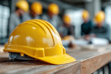 Construction Hard Hat on Desk with Blurred Team in Background  
