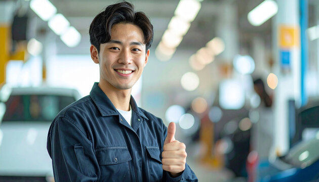 笑顔で車検をサポートする若手整備士 – Japanese Young Male Mechanic Giving a Thumbs Up During Vehicle Inspection
