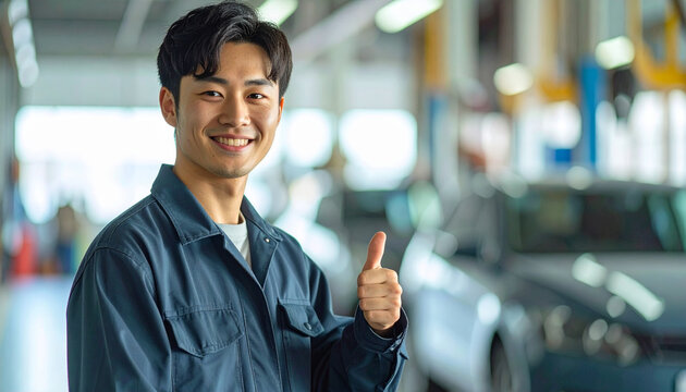 笑顔で車検をサポートする若手整備士 – Japanese Young Male Mechanic Giving a Thumbs Up During Vehicle Inspection