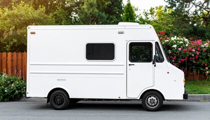 "Side View of a Blank White Food Truck Mockup Parked in a Peaceful Garden Setting with Colorful Flowers and Shrubs &ndash; Ideal for Outdoor Branding and Advertising Concepts"
