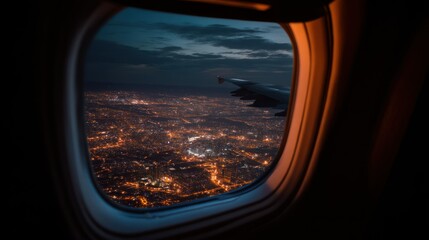Naklejka premium Nighttime flight with city lights visible below, soft glow from cabin window
