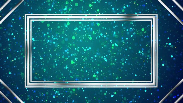 Gold shiny glittering metallic rectangle frame with magical particle trail 4K bg. Luxrious royal looking elegant award show, music fashion show backdrop. Glorious decorative minimalistic title opener.