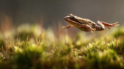 Naklejka premium Tiny Frog Jumping on Moss Motion Blur Effect Nature Photography
