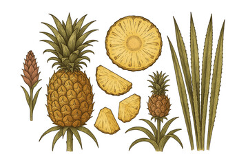 Collection of Pineapple Fruit Illustration with Leaves Set