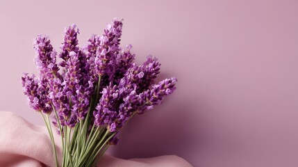 Fototapeta premium A bouquet of fresh purple lavender lies gently on soft pastel fabric. Minimalist composition, natural texture, calm romantic mood, and soft light ideal for wellness or interior design themes.