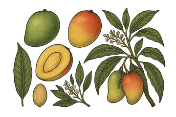 Botanical Illustration of Mango Fruit and Tree Branches Set