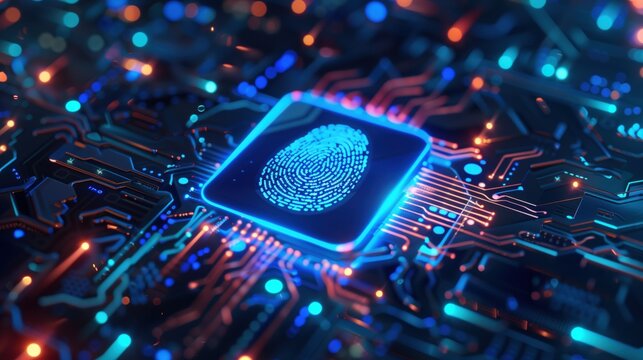 Glowing digital fingerprint on a futuristic microchip circuit. Concept of cybersecurity, biometric identification, secure technology, and digital access in a high-tech system.