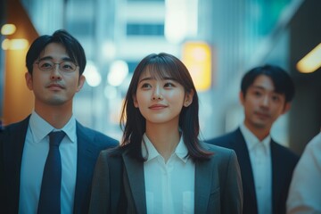 Asian businesspeople walking together to their office, discussing the day's agenda and team goals, Generative AI