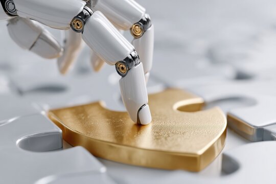 Robotic hand placing a golden puzzle piece into a glowing shield-shaped interface. Concept of AI security, future protection, and digital innovation in cybersecurity.