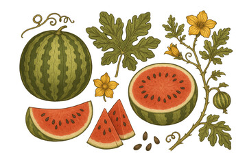Watermelon Botanical Illustration with Fruits and Flowers