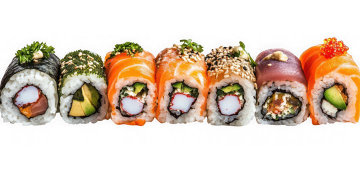 Delicious Sushi Rolls on White Background Close Up isolated on white png transparent background	