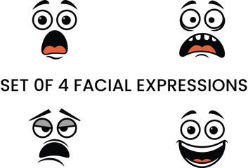 Cartoon Facial Expressions Fear Surprise Sadness Joy  4 Expression Set for Design Projects