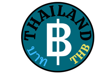 A vibrant circular emblem for Thai Baht (฿) on a dark teal background. Features black "THAILAND," yellow "THB," and light blue "บาท." Creates a bold, colorful, modern currency icon