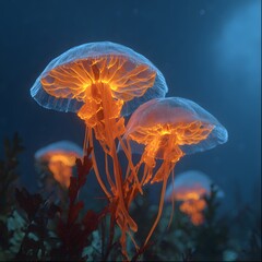 Glowing Jellyfish Underwater: Bioluminescent Sea Life in Dark Ocean
