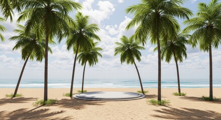 Fototapeta premium Serene Tropical Beach Paradise with Palm Trees and Ocean View
