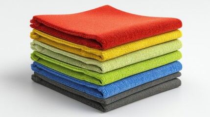 3D render of a set of color-coded microfiber cleaning cloths, folded neatly