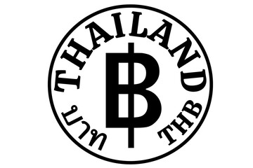 A clean, minimalist black and white circular emblem for Thai Baht (฿). Features 