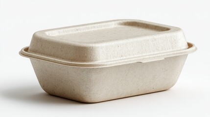 3D render of bagasse takeout box, realistic material detail, isolated on clean white background