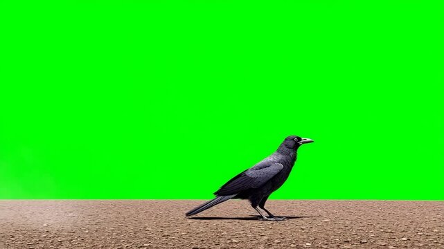 Crow fly and land on the ground,, isolated on green screen, chroma key, footage, mockup, loop