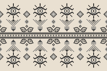 Seamless pixel pattern featuring mystical eye symbols, Greek motifs, and geometric leaves. Perfect for textile prints, boho fashion, and metaphysical product design.